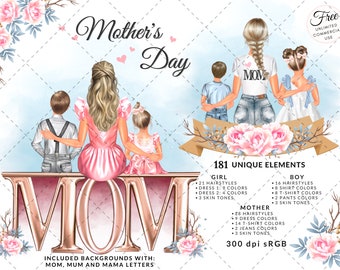 Fashion Illustration Mother&#39;s Day Clipart, Gift for Mom Clipart, Mom with kids Clipart, DIY, Free Commercial Use