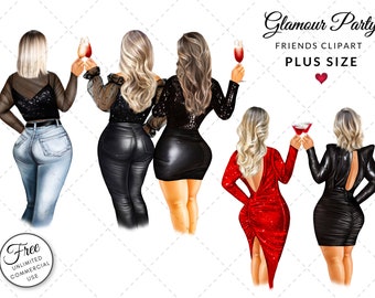 Glamour Party Girl Clipart, Plus Size Fashion Illustrations (Digital Download)