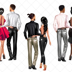May include: Three couples stand back to back, each with their arms around each other. The women are wearing dresses and the men are wearing shirts and pants. The couples are all looking in different directions.