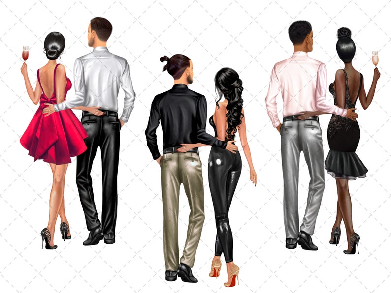 May include: Three couples stand back to back, each with their arms around each other. The women are wearing dresses and the men are wearing shirts and pants. The couples are all looking in different directions.