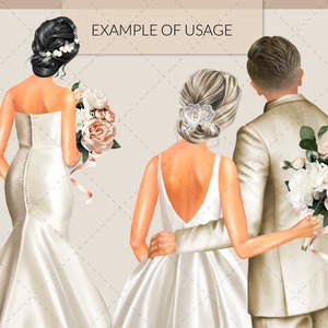 May include: Illustration of a bride in a white satin wedding dress with a bouquet of white and peach flowers. A groom in a cream-colored suit stands beside her. The text "EXAMPLE OF USAGE" is at the top.