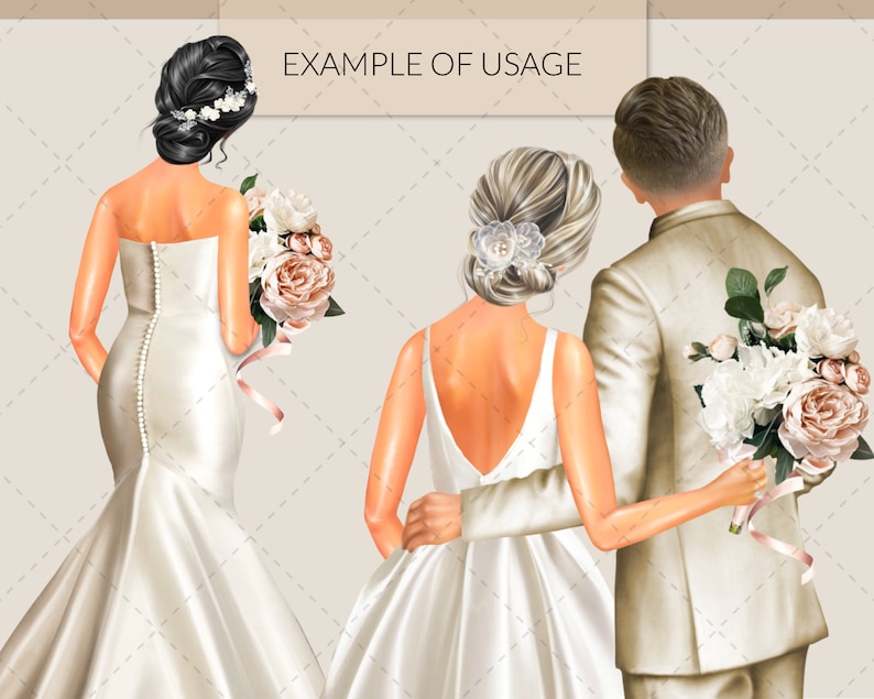 May include: Illustration of a bride in a white satin wedding dress with a bouquet of white and peach flowers. A groom in a cream-colored suit stands beside her. The text "EXAMPLE OF USAGE" is at the top.