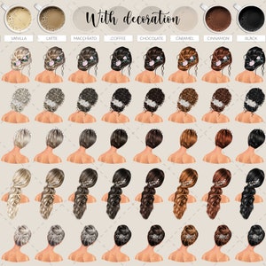 May include: An illustration featuring various hairstyles and coffee cup options. The hairstyles include different colors and styles, some with floral or jeweled accents. Coffee options include creamy, vanilla, latte, macchiato, coffee, chocolate, caramel, cinnamon, black, and ice.