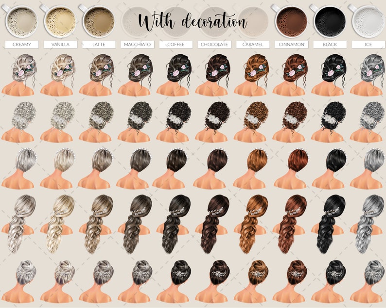 May include: An illustration featuring various hairstyles and coffee cup options. The hairstyles include different colors and styles, some with floral or jeweled accents. Coffee options include creamy, vanilla, latte, macchiato, coffee, chocolate, caramel, cinnamon, black, and ice.