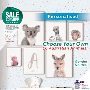 PERSONALISED Australian animal wall art PRINT, Aussie animals, Baby Koala nursery, Kangaroo gifts, Emu chick, Wombat gifts, Echidna poster.