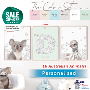 PERSONALISED Australian animal wall art PRINT, Baby Koala nursery, Kangaroo gifts, Emu chick, Wombat gifts, Echidna poster, New arrival baby