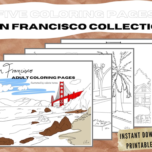 San Francisco Printable Coloring Book - Instant Download - 5 Sheet PDF - Horizontal Pages - Golden Gate Bridge + Architecture Illustrations