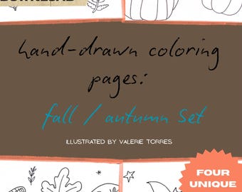 Hand-Drawn Fall Coloring Pages: Pumpkins, Leaves, Halloween, Thanksgiving, Nostalgic, Girls Night, Digital Download, Printable, Analog Hobby