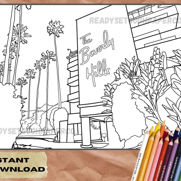 The Beverly Hills Hotel Coloring Page - Instant Download -  Los Angeles Illustration PDF - Horizontal - 90210