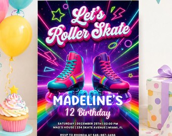 Editable Roller Skating Birthday Invitation, Lets Roll Retro Skate Party Invite, Roller Rink Evite, Printable Digital Download