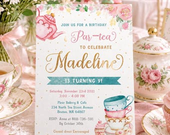 Editable Par-Tea Birthday Invitation, Lets Par Tea Party Invite for Girls, Whimsical Floral Teacup Evite, Vintage Floral Par-Tea Invite