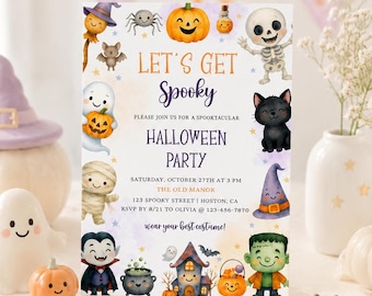 May include: A rectangular Halloween party invitation card featuring watercolor illustrations of a pumpkin, skeleton, ghost, mummy, vampire, Frankenstein monster, cat, and haunted house with the text Let's Get Spooky, Halloween Party, and event details.