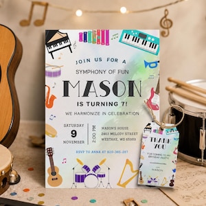 May include: A rectangular birthday invitation and matching gift tag featuring musical instrument illustrations and the text: JOIN US FOR A SYMPHONY OF FUN MASON IS TURNING 7! WE HARMONIZE IN CELEBRATION SATURDAY 9 NOVEMBER 2:00 PM MASON'S HOUSE 2463 MELODY STREET WESTAKE, WS 65989.