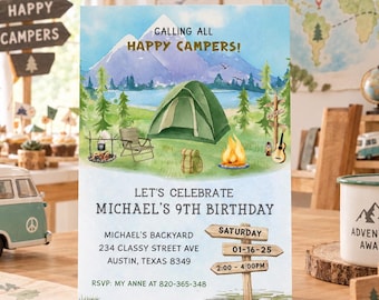 Bearbeitbare Camping-Geburtstagseinladung, Einladung zur „Camp Happy Camper“-Party für Jungen, Einladung zur Übernachtungsparty im Wildnis-Camp für Mädchen