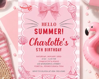 Editable Summer Birthday Invitation, Tropical Pool Party Invite, Holiday Sunshine Beach Invite, Cute Kitten Party Swimming Pool Invitation