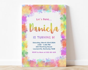 Rainbow Painting Splatter Birthday Invitation Rainbow Painting Invite Painting Invitation Party Art Party Invite Paint Splash Thank You Tag