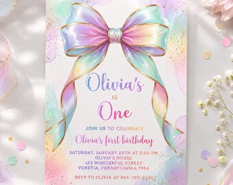 Editable Rainbow Unicorn Bow Birthday Invitation, Coquette First Birthday Girl Party Evite, Magical Printable Digital Download