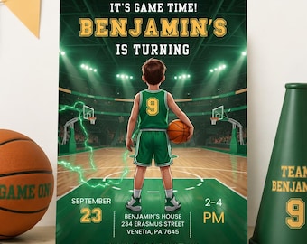 Editable Basketball Birthday Invitation, Sports Party Invite, Basketball Game Day Birthday Canva Template, Boston Green Invite, Printable