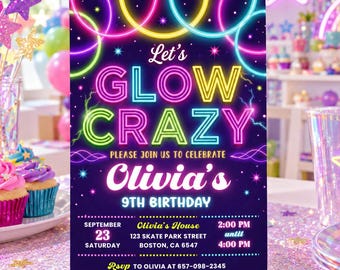 Editable Lets Glow Crazy Birthday Invitation, Neon Glow in the Dark Party Invite for Tweens, Blacklight Evite Digital Download Canva