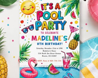 Editable Waterslide Pool Party Invitation, Summer Splash Theme Birthday Invite, Any Age Evite, Printable Digital Download, Thank You Tag
