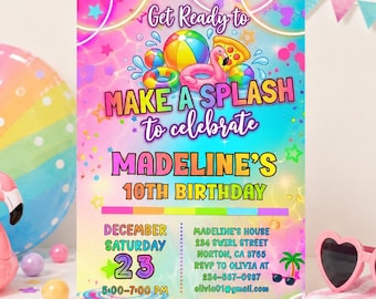Editable Splish Splash Water Slide Birthday Invitation, Pool Party Invite, Summer Splash Kids Canva Template, Printable Digital Download