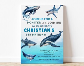 Whale Birthday Invitation Whale Undersea Invitation Undersea Birthday Invite Dolphin Invite Blue Whale Invite Shark Birthday Thank You Tag