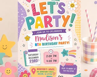 Editable Groovy Retro 70s Birthday Invitation, Tween Teen Girls Dance Party Invite, Smiley Daisy Preppy Evite, Bright Colorful Invitation