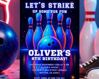 Editable Neon Glow Bowling Birthday Invitation, Bowling Ticket Party Invite, Sport Game Canva Template, Free Thank You Tag, Digital Download