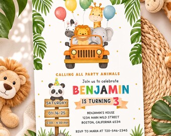 Editable Safari 1st Birthday Invitation, Jungle Animals Wild One Party Invite, Animal Parade Canva Template, Printable Digital Download
