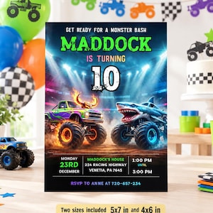 Pode incluir: Um convite de aniversário retangular com tema de monster truck, contendo o texto GET READY FOR A MONSTER BASH, MADDOCK IS TURNING 10, e detalhes do evento, incluindo data, horário e informações de contato para RSVP.