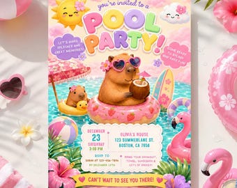 Editable Pool Party Invitation, Capybara Invitation, Holiday Summer Party Invite, Tropical Beach Birthday Canva Template, Digital Download