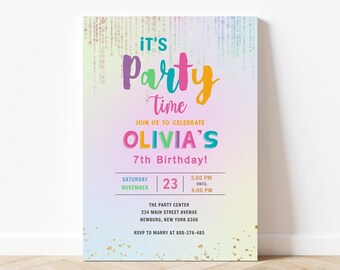 Rainbow Birthday Invitation Magical Colorful Birthday Invite Rainbow Tie Dye Birthday Invitation Unicorn Rainbow Theme Party Twinkle Invite