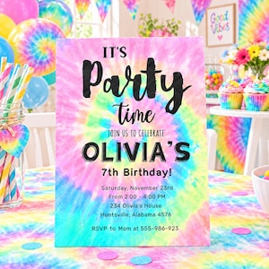 May include: A rectangular party invitation sign with a vibrant tie-dye pattern in pink, yellow, and blue. The text reads: IT'S Party time JOIN US TO CELEBRATE OLIVIA'S 7th Birthday! Saturday, November 23rd From 2:00 - 4:00 PM 234 Olivia's House Huntsville, Alabama 4576 RSVP to Mom at 555-986-923.