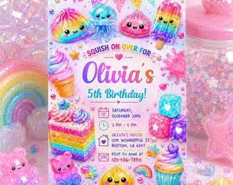 Editable Glitter Squishy Dumpling Birthday Invitation Template, Cute Kawaii Party Invite for Girls, Printable Digital Download for Canva