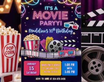 Editable Movie Ticket Birthday Invitation Template, Cinema Night Party Invite, Watch Party Invite, Popcorn Movie Night, Free Thank You Tag