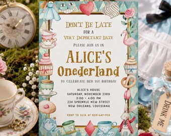 Editable Alice in Onederland Birthday Invitation, Mad Tea Party 1st Birthday Invite, Wonderland Party, Free Thank You Tag, Digital Download