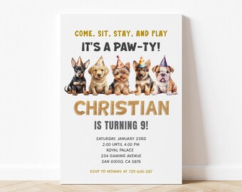 Dog Birthday Invitation Puppy Invitation Lets Pawty Birthday Invitation Dog Invitation for Kids Cute Dog Thank You Tag & Cake Topper