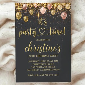 Luxury Black Gold Balloon 25th Party Invite | Glam Womens Adult Celebration Evite | Elegant Night Theme | Editable Canva Digital Template