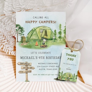 Plantilla de invitación de cumpleaños de camping Aventura Bosque Campamento Invitación de cumpleaños Camper Cumpleaños Invitación Patio trasero Hoguera Fiesta Teléfono Invitación