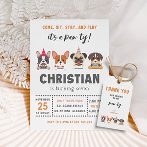 Cute Dog Puppy Lets Pawty Puppies Birthday Invitation Pet Dog Adoption Birthday Party Invitation for Boys Printable Instant Download