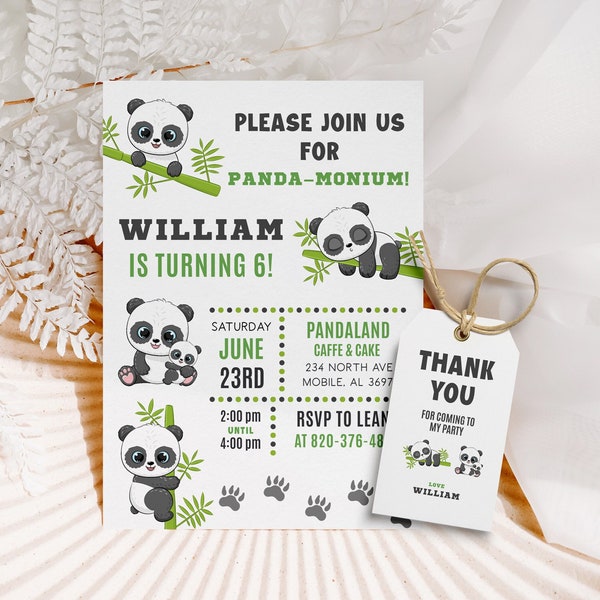 Panda Geburtstagseinladung Panda Geburtstagsparty Panda Birthday Invite Panda Bambus Geburtstagseinladung Panda Danke Tags Panda Cake Topper