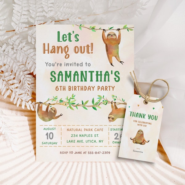 Cute Sloth Birthday Invitation Sloth Birthday Party Animal Birthday Invite Wild Forest Birthday Themed Baby Sloth Invite Customizable Invite