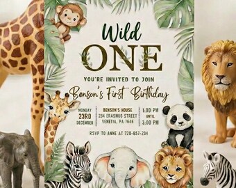 Wild One Safari Birthday Invitation, Animal Parade (Digital Download)