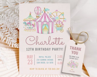 May include: Pink and blue birthday party invitation with a circus theme. The invitation features a pink and white striped tent, a carousel, a Ferris wheel, and a hot air balloon. The text on the invitation reads "Charlotte 12th Birthday Party!" and includes the date, time, and location of the party. A matching thank you tag is also included.