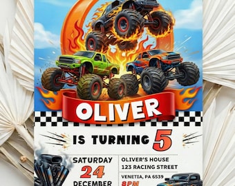 Editable Monster Truck Birthday Invitation, Boys Monster Truck Party, Truck Birthday Invite, Transportation Invitation, Hot Truck Invite