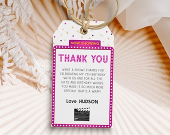 Pink Movie Birthday Thank You Tag Cinema Birthday Favor Tag Popcorn Birthday Thank You Tag Movie Ticket Favor Tag Pink Theater Thank You Tag