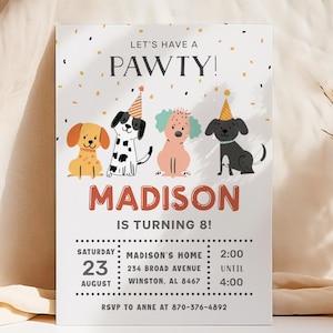Dog Birthday Invitation Template, Puppy Boy Invitation, Dog Birthday Party, Editable Girl Party Invite, Let&#39;s Pawty Invite, Thank You Tag