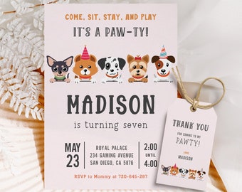 Dog Birthday Invitation Puppy Invitation Lets Pawty Birthday Invitation for Girls Digital Download Invite Editable Invitation