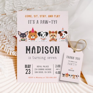 Hunde-Geburtstagseinladung: Welpe Pawty, bearbeitbares Mädchen (Digitaler Download)