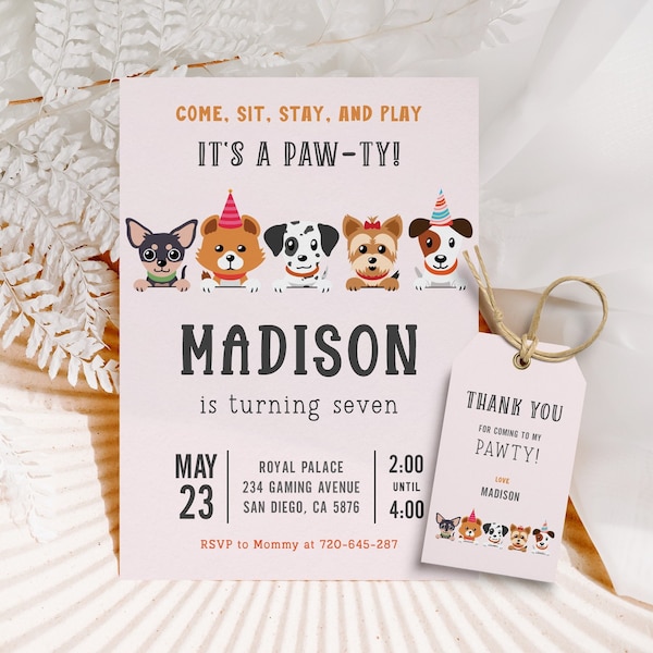 Hond verjaardagsuitnodiging Puppy uitnodiging laat Pawty verjaardagsuitnodiging voor meisjes digitale Download uitnodigen bewerkbare uitnodiging